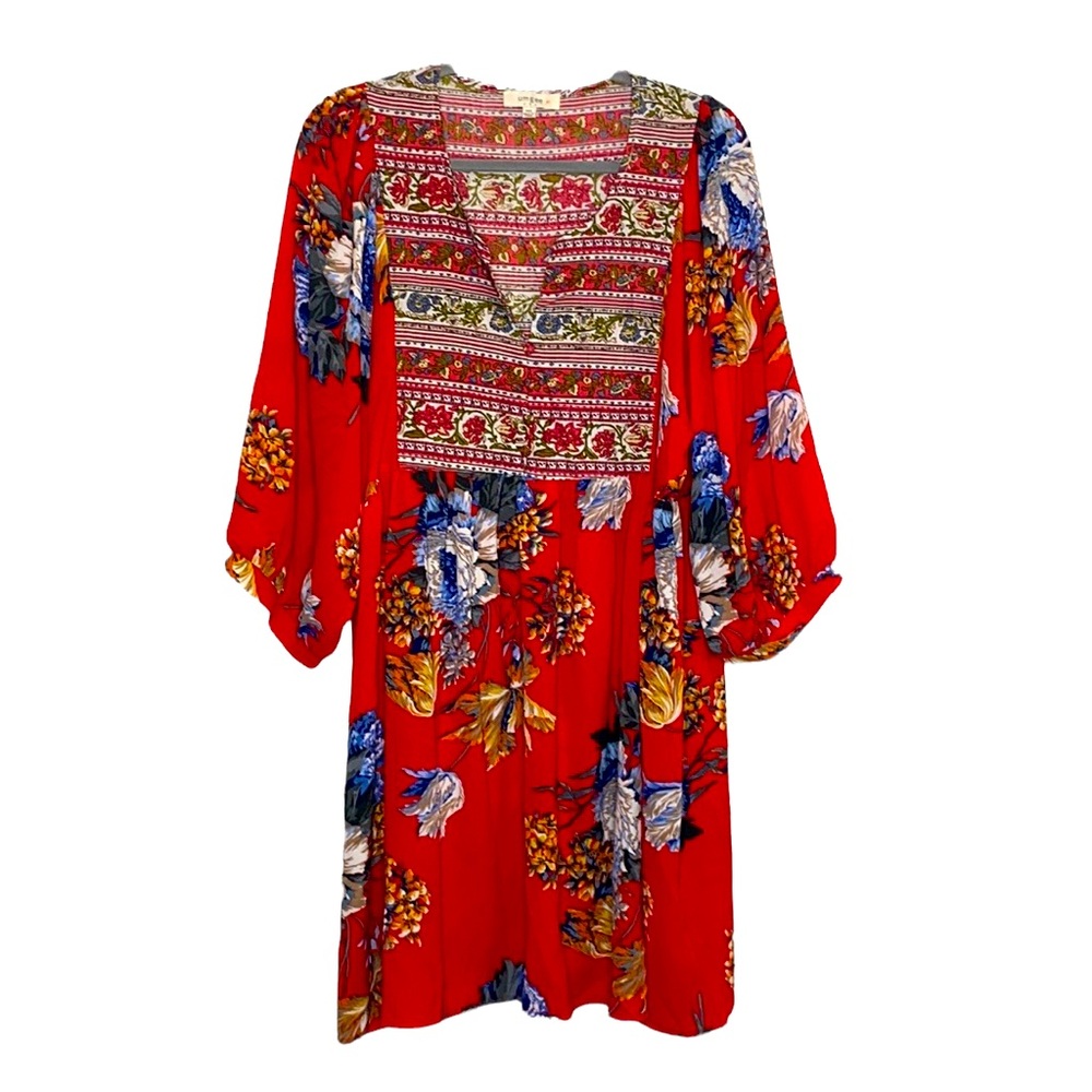 Umgee+ Women's Red & Blue Floral Print Tunic Half-Sleeve Boho Flowy size 1XL